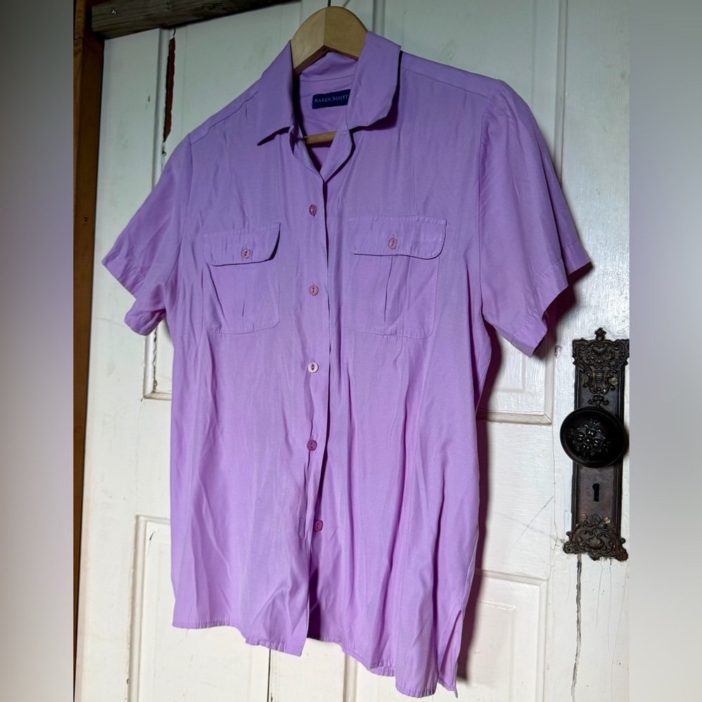Karen Scott Lilac Purple Short Sleeve Button Front Blouse